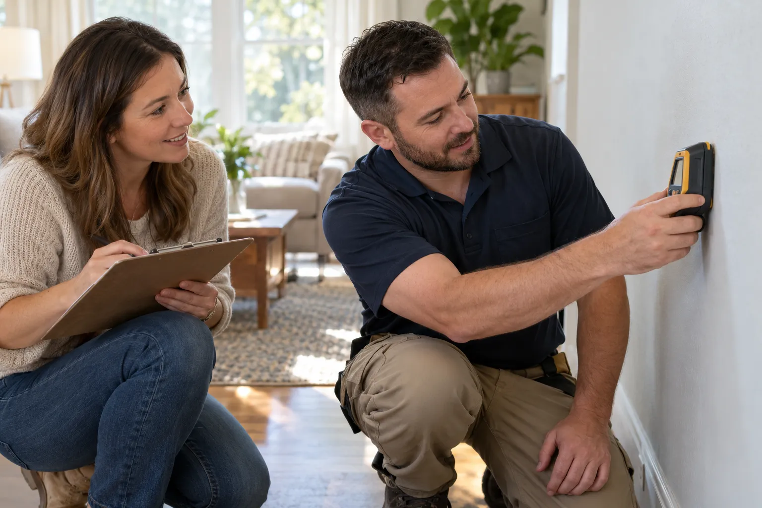 Provider reviewing a moisture reading with a homeowner in the Agawam Town area