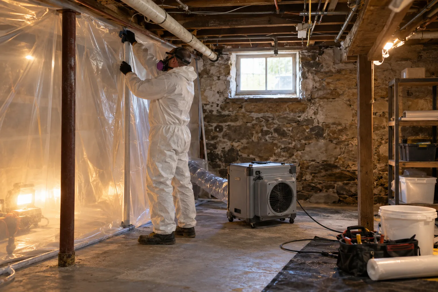 Independent mold remediation provider setting up containment in a Agawam Town basement